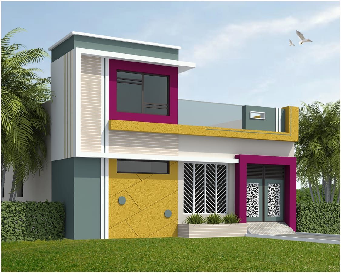 Completed contemporary independent house with warm exterior lighting